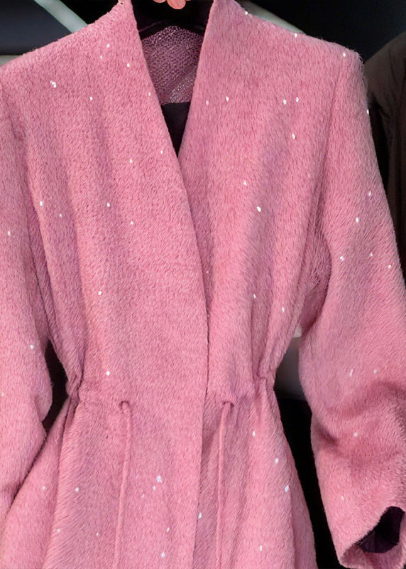 Pink V Neck Sequins Drawstring Coat Spring