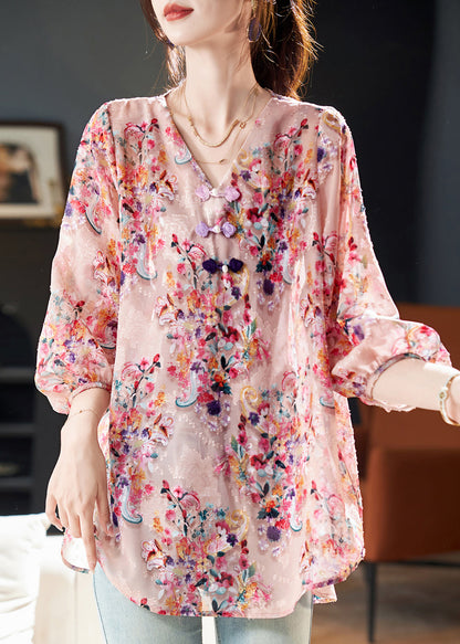 Pink V Neckprint Chiffon Shirt Bracelet Sleeve