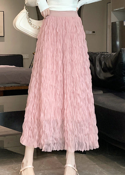 Pink Wrinkled Elastic Waist Tulle Skirt Summer