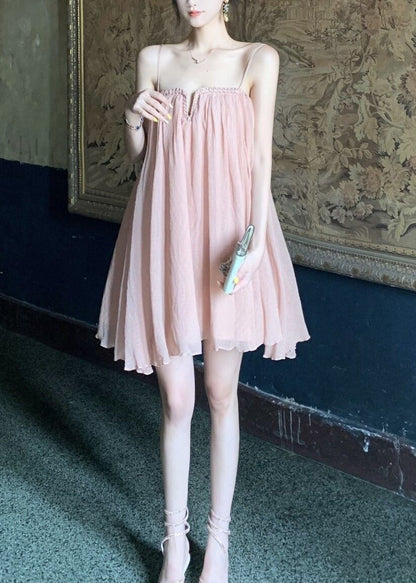 Pink Wrinkled Tulle Spaghetti Strap Dress Summer