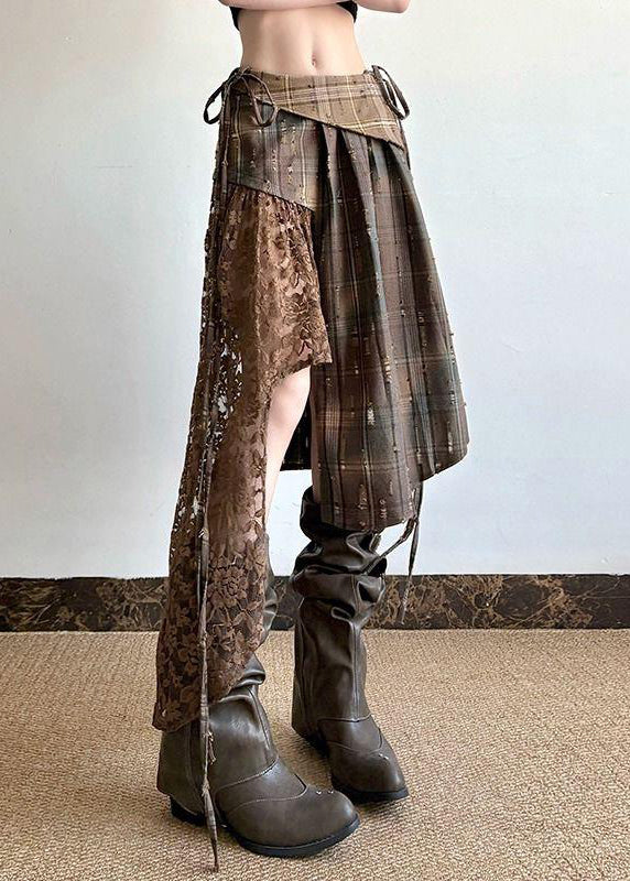 Plaid Asymmetrical Lace Patchwork Cotton Skirt Summer