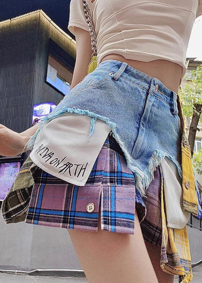 Plaid Asymmetrical Pockets Patchwork Denim Shorts Summer