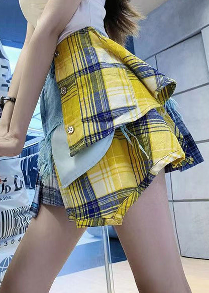 Plaid Asymmetrical Pockets Patchwork Denim Shorts Summer