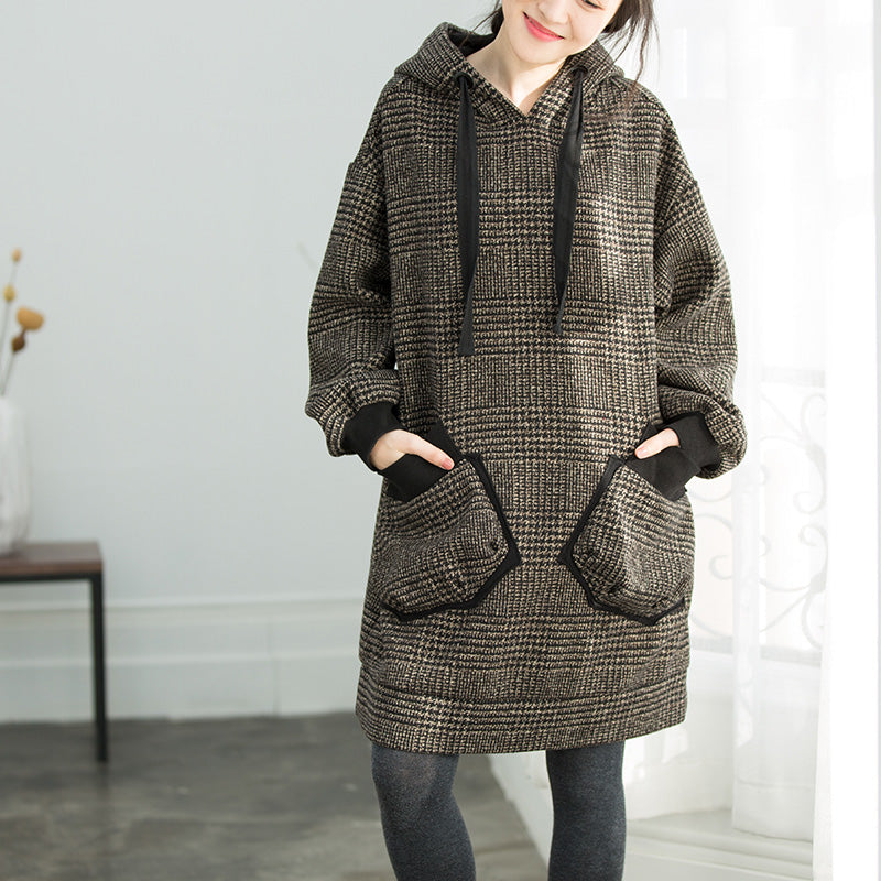 Plaid Cotton Tunics Sweets Shape Hooded Oversized Spring Dresses