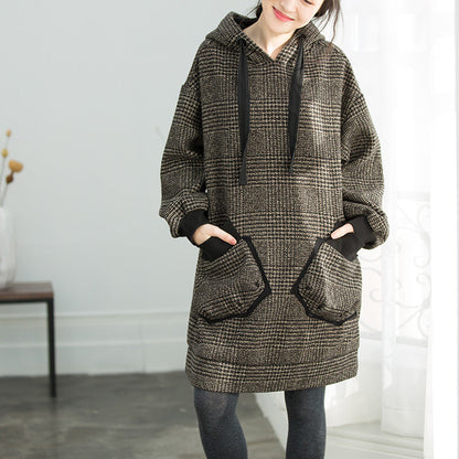 Plaid Cotton Tunics Sweets Shape Hooded Oversized Spring Dresses