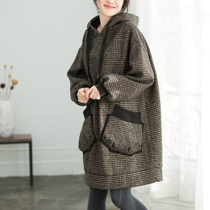 Plaid Cotton Tunics Sweets Shape Hooded Oversized Spring Dresses