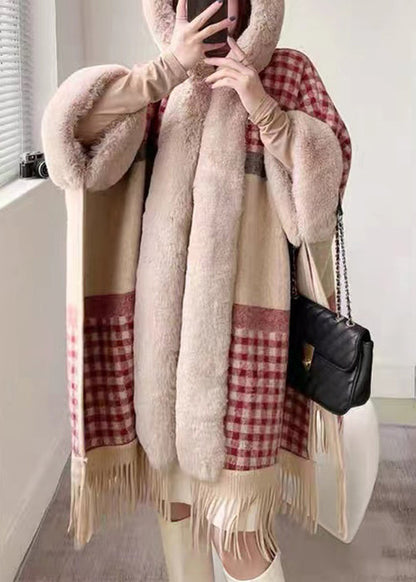 Plaid Hooded Tasseled Patchwork Warm Fleece Cape Coat Half Sleeve