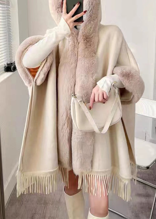 Plaid Hooded Tasseled Patchwork Warm Fleece Cape Coat Half Sleeve