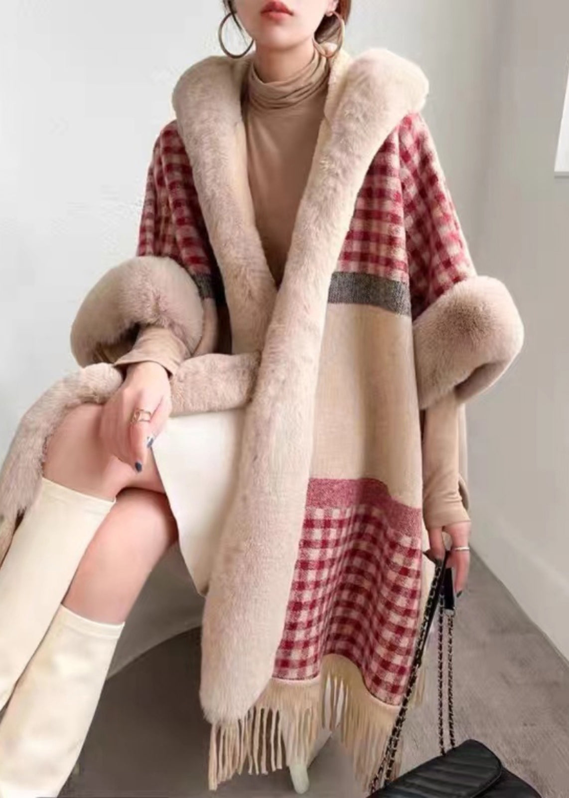 Plaid Hooded Tasseled Patchwork Warm Fleece Cape Coat Half Sleeve