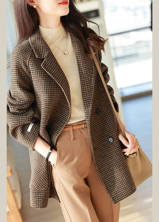 Plaid Notched Pockets Wooled Blend Coats Long Sleeve