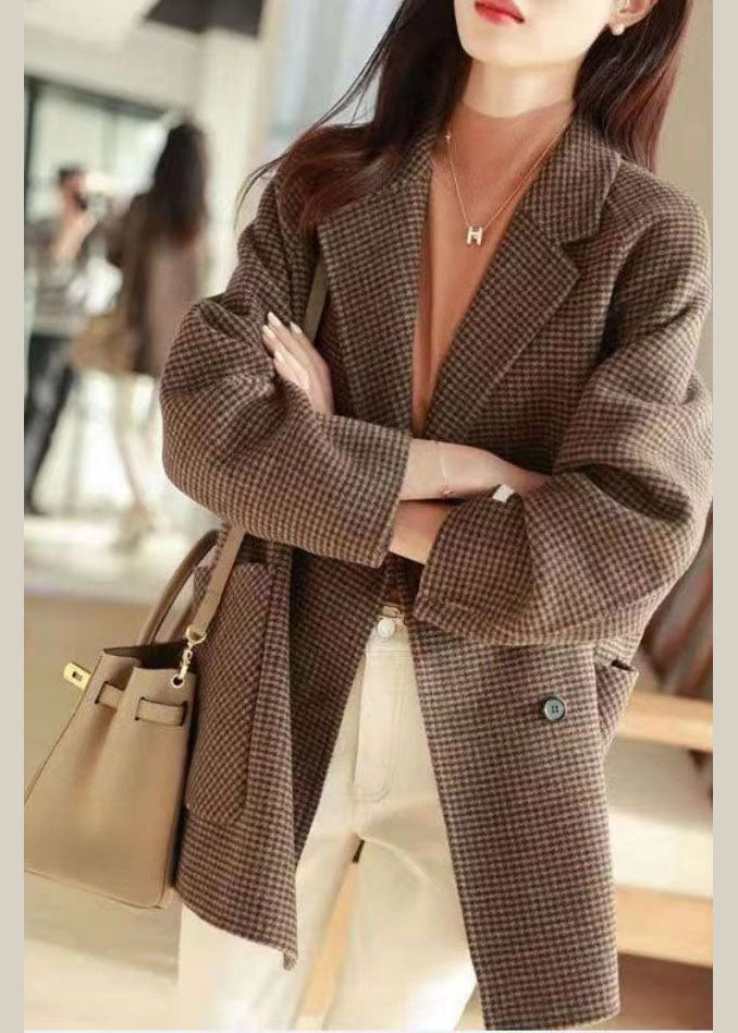 Plaid Notched Pockets Wooled Blend Coats Long Sleeve