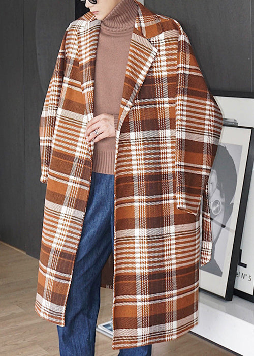 Plaid Notched Tie Waist Oversized Woolen Coat Winter