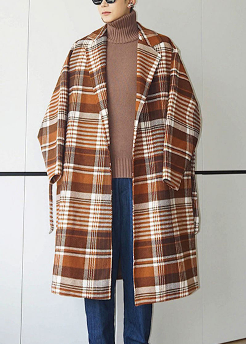 Plaid Notched Tie Waist Oversized Woolen Coat Winter
