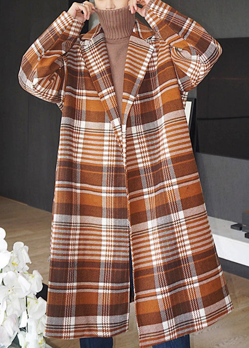 Plaid Notched Tie Waist Oversized Woolen Coat Winter
