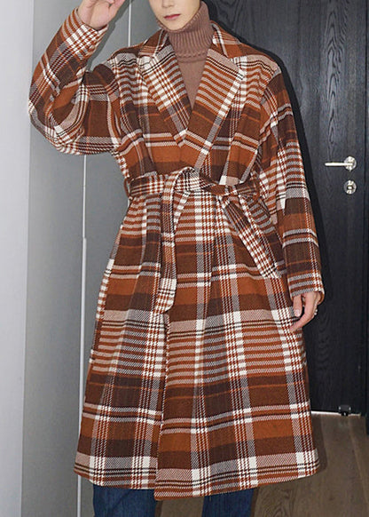 Plaid Notched Tie Waist Oversized Woolen Coat Winter