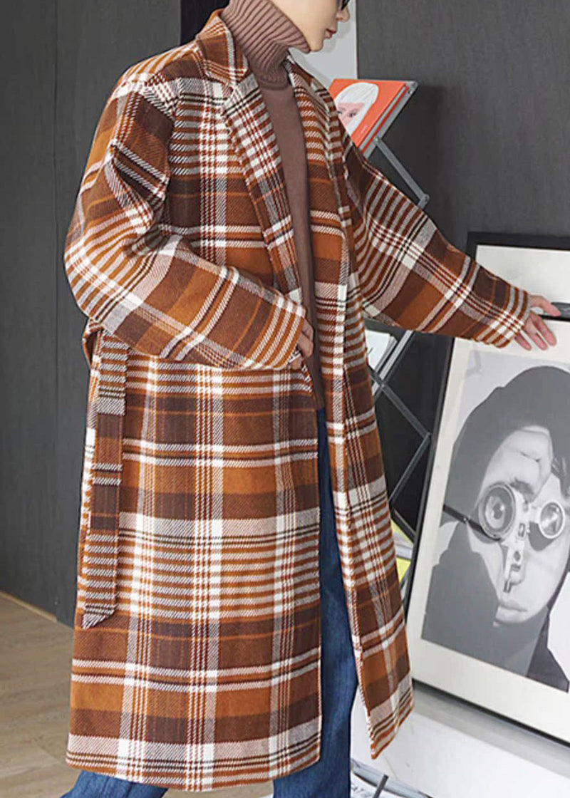 Plaid Notched Tie Waist Oversized Woolen Coat Winter