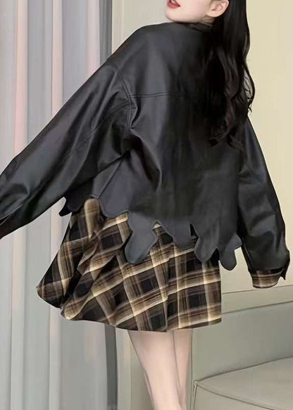 Plaid Patchwork False Two Pieces Faux Leather Coat Spring