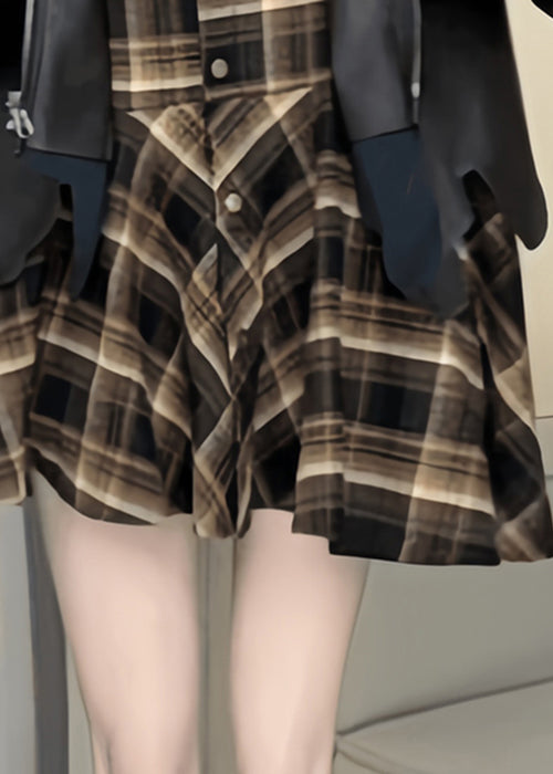 Plaid Patchwork False Two Pieces Faux Leather Coat Spring