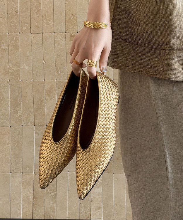 Pointed Toe Wedge Shoes Gold Cowhide Leather