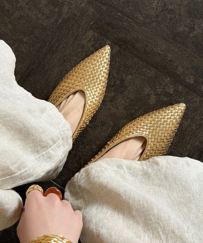 Pointed Toe Wedge Shoes Gold Cowhide Leather