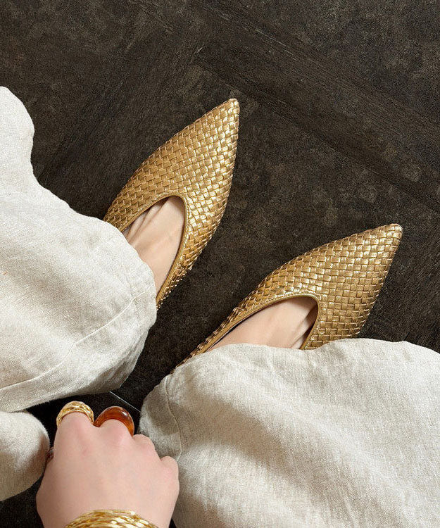 Pointed Toe Wedge Shoes Gold Cowhide Leather