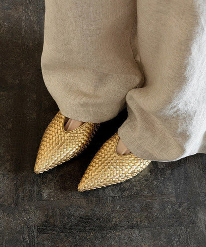 Pointed Toe Wedge Shoes Gold Cowhide Leather