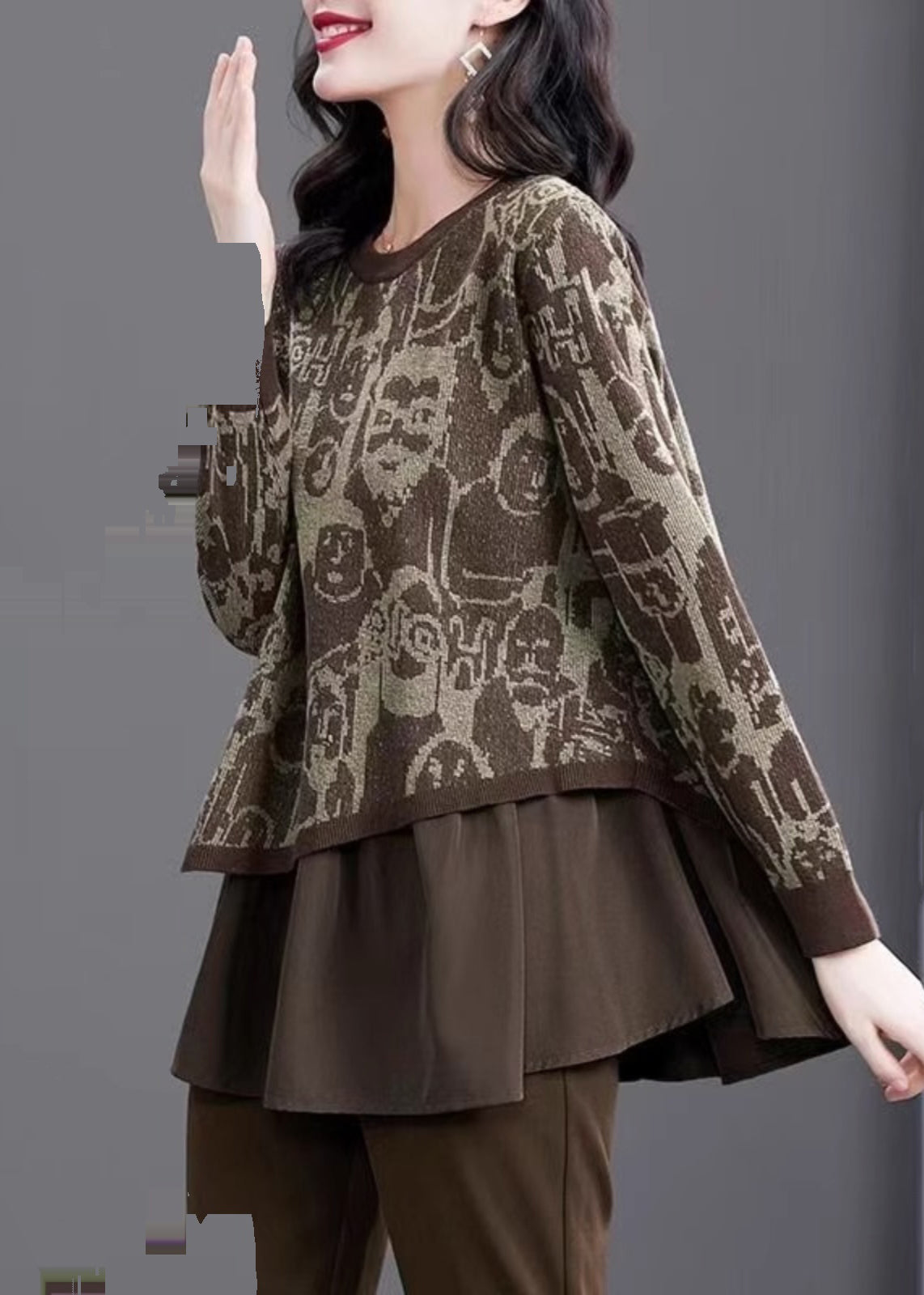 Print Fake Two Pieces Cotton Knit Sweater Winter