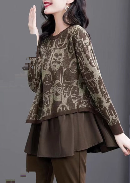 Print Fake Two Pieces Cotton Knit Sweater Winter