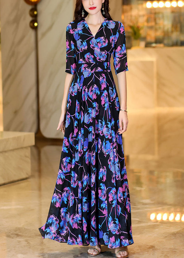 Print High Waist Holiday Chiffon Maxi Dress Half Sleeve