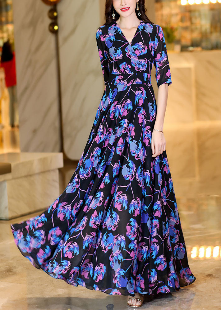 Print High Waist Holiday Chiffon Maxi Dress Half Sleeve