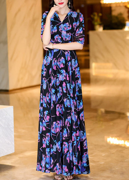 Print High Waist Holiday Chiffon Maxi Dress Half Sleeve