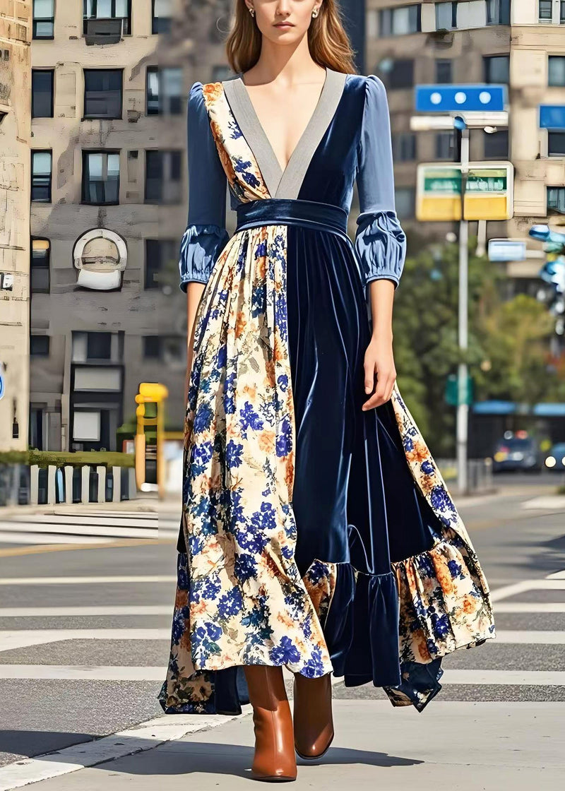 Print Patchwork Exra Large Hem Silk Velvet Long Dresses Spring