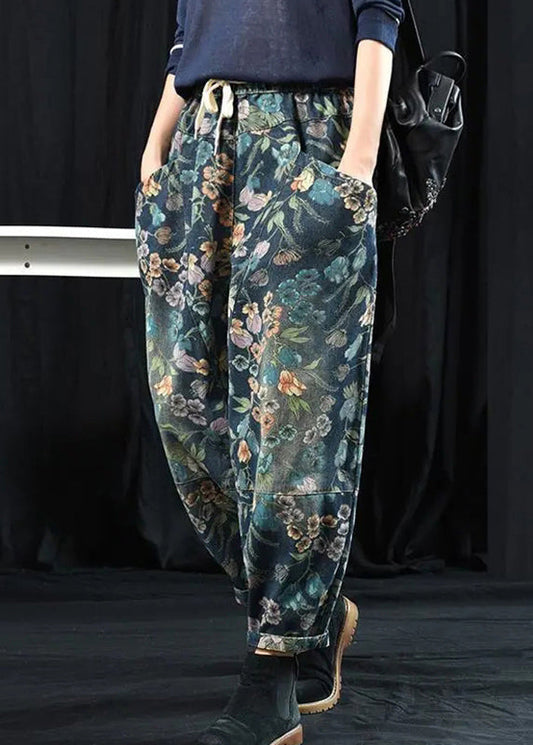 Print Pockets High Waist Denim Crop Pants Spring