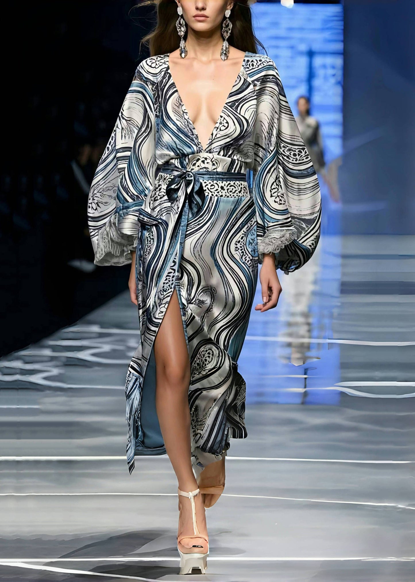 Print Side Open Silk Tunic Dress Lantern Sleeve