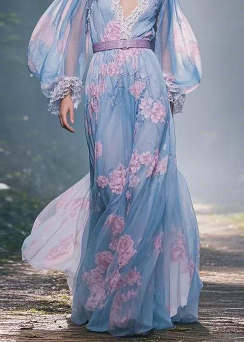 Print V Neck Lace Sashes Patchwork Chiffon Maxi Dresses Spring