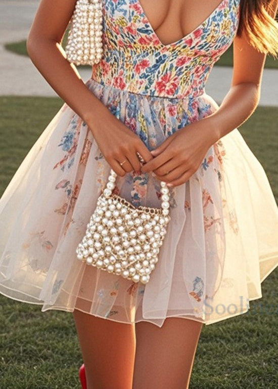Print V Neck Tulle Patchwork Cotton Mini Dress Summer