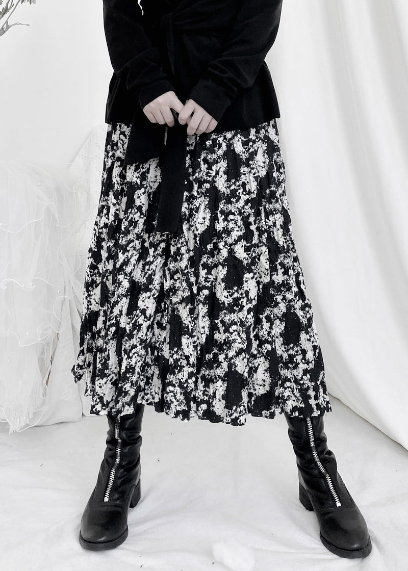 Print Wrinkled Elastic Waist a Line Skirt