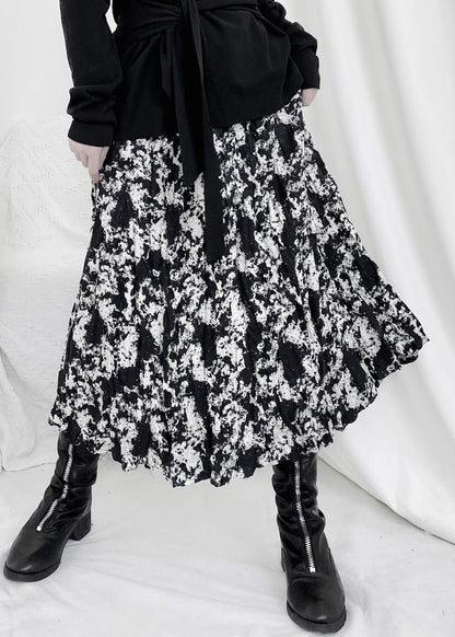 Print Wrinkled Elastic Waist a Line Skirt