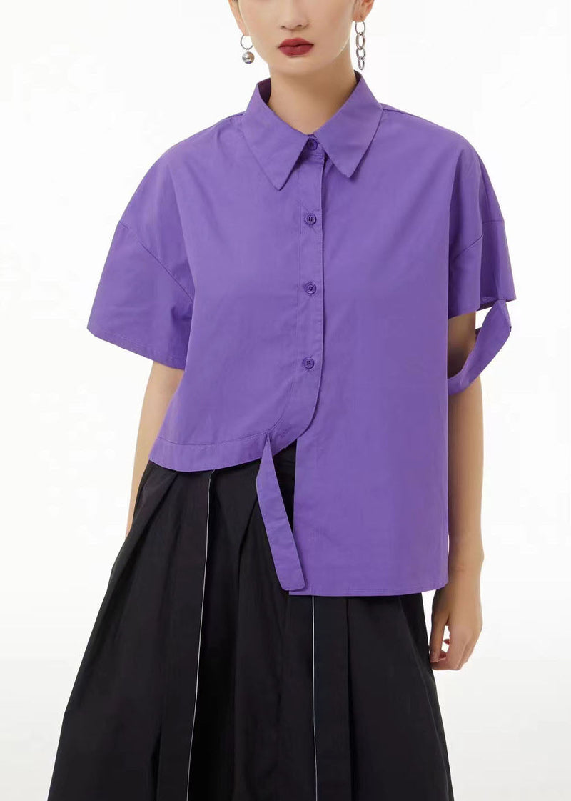 Purple Asymmetrical Design Cotton Blouse Top Summer