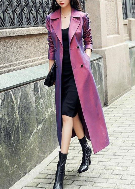 Purple Button Pockets Patchwork Cotton Long Trench Coats Fall