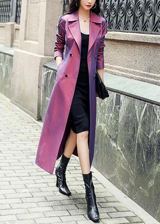 Purple Button Pockets Patchwork Cotton Long Trench Coats Fall