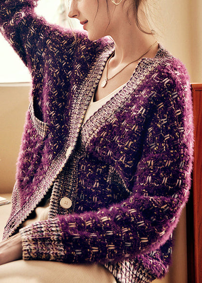 Purple Button Pockets Patchwork Knit Coats Spring