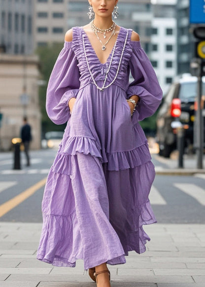 Purple Cold Shoulder Wrinkled Cotton Vacation Dresses Lantern Sleeve