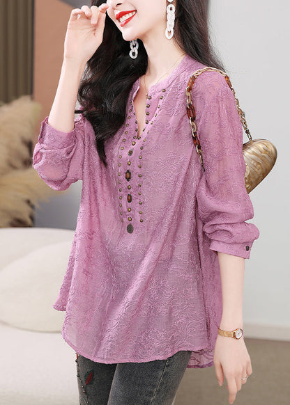 Chic Purple Embroidered Nail Bead Cotton Shirts Long Sleeve