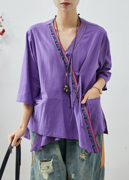 Purple Embroidered Patchwork Cotton Top Summer