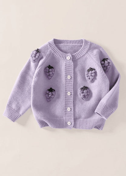 Purple Embroideried Button Cotton Knit Cardigan Spring