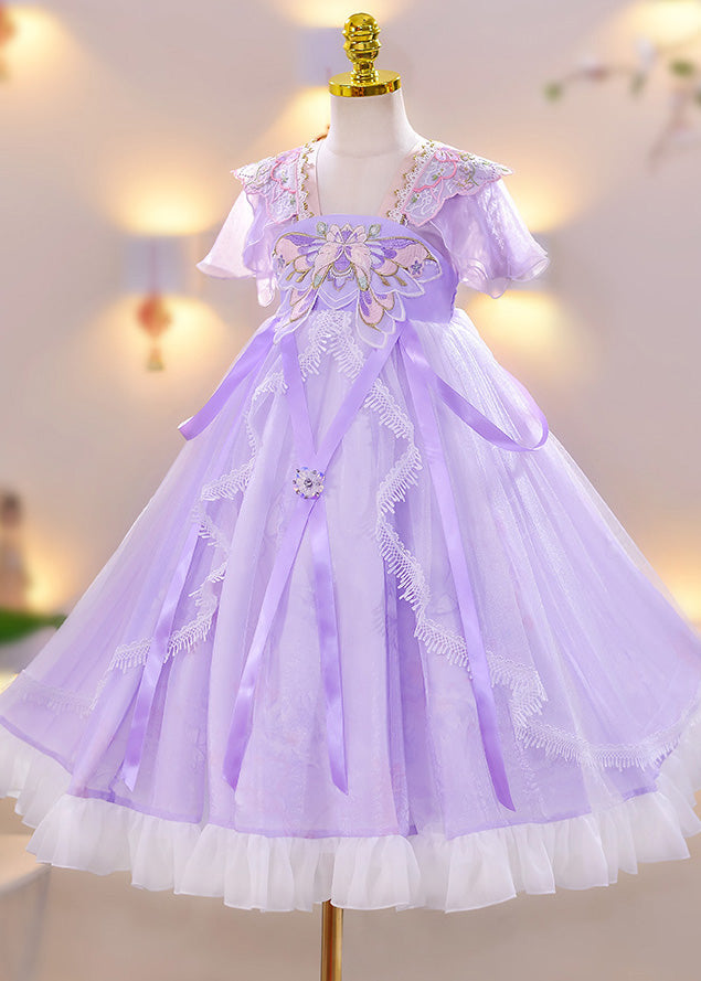 Purple Embroideried Tassel Lace Patchwork Tulle Maxi Dress Summer