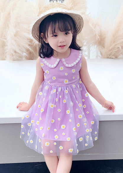 Purple Wrinkled Tulle Kids Party Long Dress Sleeveless