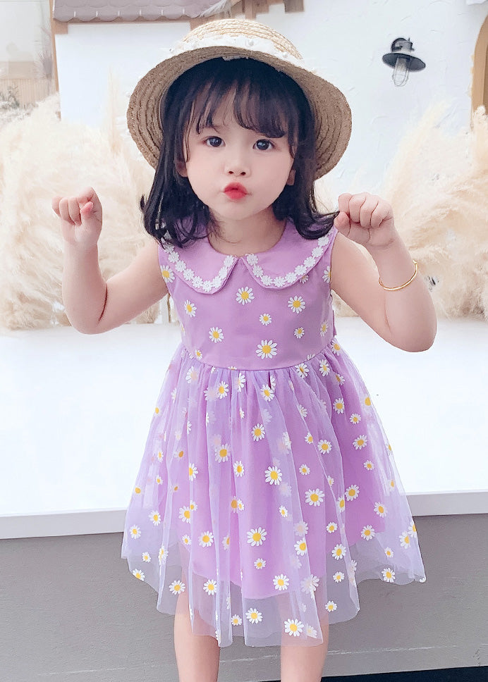 Purple Wrinkled Tulle Kids Party Long Dress Sleeveless