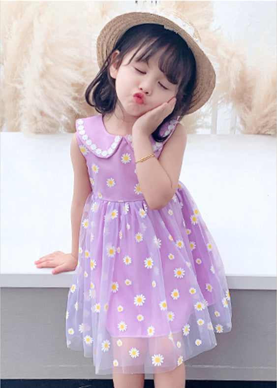 Purple Wrinkled Tulle Kids Party Long Dress Sleeveless